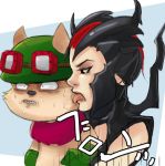  1girl black_hair elise_(league_of_legends) face_licking g138 goggles goggles_on_head helmet jojo_no_kimyou_na_bouken league_of_legends licking parody red_eyes redhead short_hair sweatdrop teemo yordle 