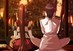  1boy 1girl admiral_(kantai_collection) brown_hair cherry_blossoms detached_sleeves hair_ornament juri_(shiningred) kantai_collection long_hair military military_uniform naval_uniform ponytail sitting skirt thigh-highs uniform very_long_hair yamato_(kantai_collection) 