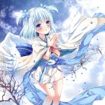  1girl blue_eyes hair_ornament japanese_clothes kimono looking_up nogi_takayoshi original parted_lips petals short_hair short_kimono solo tagme two_side_up white_hair wide_sleeves 