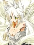  1girl animal_ears breasts cleavage fox_ears fox_tail gomasamune inarizushi long_hair looking_at_viewer mouth_hold original solo tagme tail white_hair yellow_eyes 