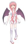  1girl artist_request bangs blush collared_shirt demon_wings ebola-chan fang gloves jpeg_artifacts long_hair maid_headdress original payot personification pink_hair shirt shoes simple_background skirt solo source_request thigh-highs white_background white_skirt wings yellow_eyes zettai_ryouiki 