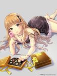  1girl black_dress box brown_eyes brown_hair chocolate dress gift gift_box glass holding ilog jewelry long_hair looking_at_viewer lying necklace occhan_(artist) official_art on_stomach parted_lips solo tagme 