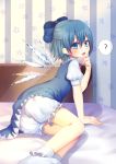  1girl ? blue_eyes blue_hair blush bow cirno dress hair_bow highres hijiri-ssh ice ice_wings looking_at_viewer open_mouth short_hair socks solo touhou wings 