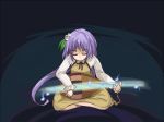  1girl biwa_lute blue_background closed_eyes dress flower hair_flower hair_ornament inaba_(akane-jika) indian_style instrument long_hair lute_(instrument) purple_hair sitting solo touhou tsukumo_benben twintails 
