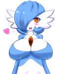  1girl alternate_color bangs blush breasts bust cleavage gardevoir hair_over_one_eye heart jcdr large_breasts no_humans one_eye_covered open_mouth orange_eyes payot pokemon shiny_pokemon simple_background smile solo spoken_heart white_background 