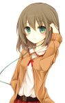  1girl brown_hair cable casual earphones green_eyes looking_at_viewer original short_hair simple_background solo tagme white_background yonema 