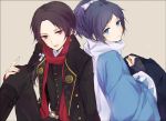  2boys atea back-to-back blue_eyes blue_hair brown_hair kashuu_kiyomitsu light_smile long_hair looking_at_viewer looking_back male_focus mole_under_eye multiple_boys nail_polish open_mouth ponytail red_eyes red_nails sitting touken_ranbu yamato_no_kami_yasusada 