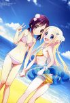  2girls absurdres beach bikini blonde_hair blue_eyes clouds flat_chest hana_n_fountainstand hanayamata highres holding_hands innertube looking_back megami multiple_girls official_art purple_hair sekiya_naru sky striped striped_bikini striped_swimsuit summer swimsuit v violet_eyes 