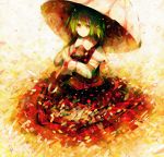  1girl ascot green_hair hazuki_shino kazami_yuuka long_skirt parasol petals red_eyes skirt skirt_set solo touhou umbrella 