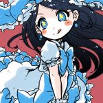  1girl black_hair blue_bow blue_dress blue_eyes blush bow dress earrings frilled_bow frilled_dress frills hair_bow highres jewelry long_hair pikomarie pink_background puffy_short_sleeves puffy_sleeves puzzle_&amp;_dragons short_sleeves smile snow_white_(p&amp;d) solo spot_color star star-shaped_pupils symbol-shaped_pupils tongue tongue_out wrist_cuffs 