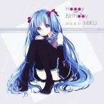  1girl 2014 anzu_(o6v6o) blue_eyes blue_hair boots dated detached_sleeves happy_birthday hatsune_miku long_hair musical_note sitting skirt solo thigh-highs thigh_boots very_long_hair vocaloid 