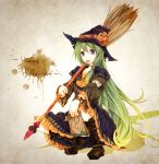  1girl blue_eyes broom carrying_over_shoulder cookie food green_hair happy_halloween hat long_hair looking_at_viewer mouth_hold original solo squatting tagme witch witch_hat yonema 