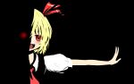  1girl :d black_background blonde_hair dark fang glowing glowing_eye hair_ribbon hana_(0458251551) open_mouth outstretched_arm puffy_short_sleeves puffy_sleeves red_eyes ribbon rumia short_hair short_sleeves smile touhou 