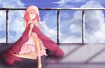  1girl bare_shoulders dress guilty_crown hair_ornament hairclip highres long_hair looking_away open_mouth pink_hair red_eyes sitting solo twintails yuzuriha_inori 
