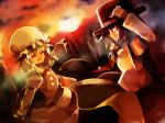  2girls blonde_hair bow brown_hair hair_bow hat hazuki_shino holding holding_hat maribel_hearn multiple_girls necktie red_eyes smile sunset touhou usami_renko 