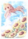  1girl brown_hair dress feathers flower long_hair looking_at_viewer love_live!_school_idol_project minami_kotori orange_eyes sakuramochi_n side_ponytail smile solo sunflower white_dress 