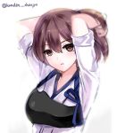  1girl arms_behind_head brown_eyes brown_hair japanese_clothes kaga_(kantai_collection) kantai_collection looking_at_viewer muneate open_mouth sadakofxe short_sleeves side_ponytail simple_background solo white_background 