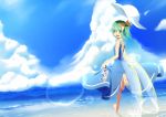  1girl :d blue_sky bow clouds cloudy_sky daiyousei dress fairy_wings footwear_removed green_eyes green_hair hair_bow hana_(0458251551) hat highres looking_at_viewer looking_back open_mouth short_hair side_ponytail sky smile sun_hat touhou water wet wings 