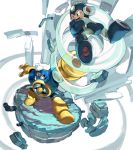  absurdres airman aqua_eyes from_above highres koki_(ryoushikiha) no_pupils open_mouth robot rockman rockman_(character) rubble standing white_background wince wind 