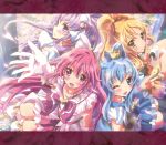  4girls ;d aino_megumi blonde_hair blue_eyes blush crown cure_fortune cure_honey cure_lovely cure_princess gloves happinesscharge_precure! highres hikawa_iona inoshishi_(ikatomo) letterboxed long_hair looking_at_viewer magical_girl multiple_girls one_eye_closed oomori_yuuko open_mouth pink_eyes pink_hair precure purple_hair shirayuki_hime smile violet_eyes white_gloves yellow_eyes 