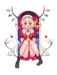  1girl bare_shoulders blonde_hair blush detached_collar detached_puffy_sleeves fangs flandre_scarlet frills hat long_hair loose_socks melsocoon open_mouth side_ponytail small_breasts socks solo tongue tongue_out touhou white_background wings 