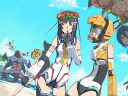  akinbo_(hyouka_fuyou) android armor beach black_hair fourie green_eyes hair_ornament long_hair monster multiple_boys multiple_girls phantasy_star phantasy_star_online_2 red_eyes swim_briefs swim_trunks 