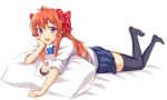  :d black_legwear blush bow chin_rest gekkan_shoujo_nozaki-kun hair_bow long_hair looking_at_viewer lying on_stomach open_mouth orange_hair pcmaniac88 picture_(object) pillow polka_dot_bow sakura_chiyo school_uniform smile thigh-highs violet_eyes 