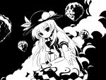  1girl bow clouds dress food fruit hat hinanawi_tenshi keystone kongari_(kngr) long_hair looking_at_viewer monochrome outstretched_arm peach sky smile solo touhou 