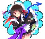  1girl ;p adapted_costume apron asymmetrical_wings black_hair frilled_sleeves frills houjuu_nue japanese_clothes kimono long_sleeves maid_headdress one_eye_closed red_eyes shirokuro_gin short_hair tongue tongue_out touhou wide_sleeves wings 