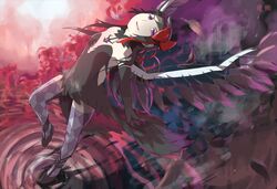  1girl akemi_homura akuma_homura argyle argyle_legwear bare_shoulders black_gloves black_hair bow choker dress elbow_gloves gloves hair_bow head_tilt high_heels highres long_hair looking_at_viewer mahou_shoujo_madoka_magica mahou_shoujo_madoka_magica_movie smile solo spoilers thigh-highs violet_eyes wings zettai_ryouiki 