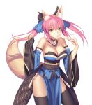  1girl animal_ears bare_shoulders bow breasts caster_(fate/extra) cleavage detached_sleeves fate/extra fate/stay_night fate_(series) fox_ears fox_tail hair_bow hair_ribbon japanese_clothes pink_hair ribbon simple_background solo tail thigh-highs tsukikanade twintails type-moon white_background yellow_eyes 