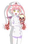  1girl bangs blood blood_on_hands blush buttons demon_wings ebola-chan fang flower hair_flower hair_ornament hat highres holding lips looking_at_viewer nurse nurse_cap original payot personification pink_hair shadow skull slykick smile solo twintails wings yellow_eyes 