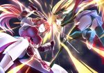  2girls ass bardiche battle black_panties blonde_hair blue_eyes boots breasts cape clash clenched_teeth electricity fate_testarossa faulds fingerless_gloves from_below gauntlets gloves hair_ribbon highres jacket large_breasts levantine long_hair lyrical_nanoha mahou_shoujo_lyrical_nanoha mahou_shoujo_lyrical_nanoha_a&#039;s multiple_girls open_mouth panties pink_hair ponytail puffy_sleeves red_eyes ribbon scythe sheath signum skirt sm318 sword twintails underwear weapon 