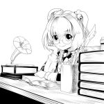  1girl apron bell bespectacled book book_stack checkered chin_rest glasses hair_bell hair_ornament jingle_bell kikoka_(mizuumi) looking_at_viewer monochrome motoori_kosuzu phonograph round_glasses short_hair smile solo touhou twintails 
