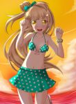  1girl bikini bikini_skirt blonde_hair blush clouds collarbone fisheye green_bikini hair_ornament hairclip long_hair looking_at_viewer love_live!_school_idol_project minami_kotori navel neats one_side_up open_mouth polka_dot polka_dot_bikini polka_dot_skirt polka_dot_swimsuit smile solo standing_on_one_leg sunset swimsuit very_long_hair wrist_cuffs yellow_eyes 