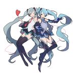  2girls ;d black_legwear detached_sleeves dual_persona full_body green_eyes green_hair hair_ornament hatsune_miku heart highres holding_arm multiple_girls necktie one_eye_closed open_mouth simple_background smile umiko_(munemiu) vocaloid white_background 