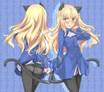  1girl amefre animal_ears ass black_legwear blonde_hair blue_background buttons cat_ears cat_tail eyebrows_visible_through_hair from_behind highres long_hair long_sleeves looking_at_viewer military military_uniform multiple_views no_pants panties panties_under_pantyhose pantyhose perrine_h_clostermann strike_witches tail underwear uniform world_witches_series yellow_eyes 