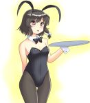  1girl animal_ears black_hair bowtie breasts brown_eyes bunnysuit character_request cleavage detached_collar gomi_(gomitin) pantyhose rabbit_ears short_hair tray wrist_cuffs 