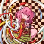  1girl bandages bun_cover checkered checkered_background chinese_clothes chocolate chocolate_heart double_bun flower heart ibaraki_kasen oimo_(imoyoukan) one_eye_closed pink_eyes pink_hair short_hair skirt smile solo tabard touhou 