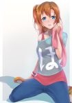  1girl blue_eyes blush highres kousaka_honoka long_hair looking_at_viewer love_live!_school_idol_project off_shoulder orange_hair parted_lips shadow side_ponytail sitting solo sweat sweating t-shirt towel wariza wiping_sweat yamaori 