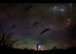  1girl commentary dark glowing grass ixaga night night_sky original scenery short_hair silhouette skirt sky solo star_(sky) starry_sky wind 