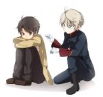  2boys aldnoah.zero boots brown_eyes brown_hair commentary green_eyes kaizuka_inaho kneeling military military_uniform multiple_boys necktie school_uniform short_hair silver_hair sitting slaine_troyard sweater_vest uniform white_background 