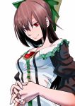  1girl adapted_costume bow brown_hair bust hair_bow hands_together long_hair looking_at_viewer own_hands_together red_eyes reiuji_utsuho simple_background small_breasts smile solo taut_clothes taut_shirt tenamaru third_eye touhou white_background 