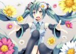  1girl character_name detached_sleeves floating_hair flower green_eyes green_hair hair_flower hair_ornament hatsune_miku long_hair necktie open_mouth outstretched_arms shiomizu_(swat) sitting solo thigh-highs twintails very_long_hair vocaloid 