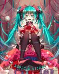  1girl bouquet flower gift green_eyes green_hair hair_ribbon happy_birthday hatsune_miku highres long_hair open_mouth phino pigeon-toed ribbon rose sitting solo thigh-highs twintails very_long_hair vocaloid 