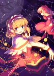  1girl alice_margatroid blonde_hair blue_eyes book bow capelet dress gloves grimoire hair_bow hairband lolita_hairband open_mouth puppet_rings puppet_strings red_dress sash shanghai_doll smile touhou white_gloves yetworldview_kaze 