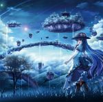  1girl :d blue_hair boots building dress floating_island food frilled_dress frills fruit grass hat hinanawi_tenshi long_hair open_mouth peach puffy_short_sleeves puffy_sleeves rope short_sleeves smile touhou tree 