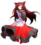  1girl alphes_(style) animal_ears breast_hold breasts brooch brown_hair closed_eyes collarbone crossed_arms dairi dress imaizumi_kagerou jewelry long_hair looking_at_viewer parody simple_background solo style_parody touhou transparent_background very_long_hair wolf_ears 
