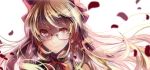  1girl alice_(wonderland) alice_in_wonderland black-framed_glasses blonde_hair blurry bow bust depth_of_field earrings glasses hair_bow jewelry long_hair petals red_bow red_eyes red_ribbon ribbon shadowsinking simple_background smile solo spade white_background 
