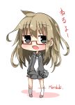  1girl black_eyes brown_hair chibi glasses kantai_collection long_hair looking_at_viewer mochizuki_(kantai_collection) open_mouth pleated_skirt rimless_glasses school_uniform serafuku shibainu_kisetsu skirt solo tagme translated 